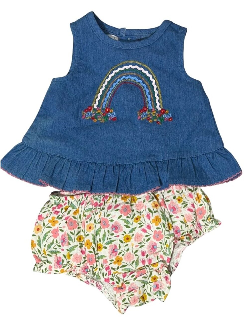 Mud Pie baby girl 0-3m NWT denim rainbow Floral Pinafore bloomer Set cotton